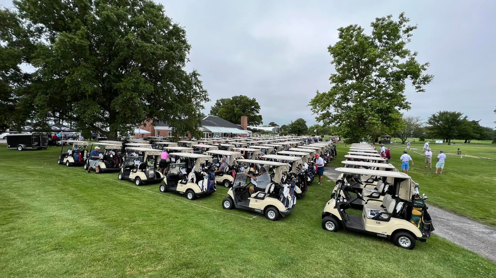 Golf carts lined up prepared for an outing